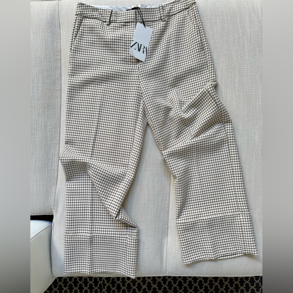 ZARA cropped checked stretch wide leg trousers NWT